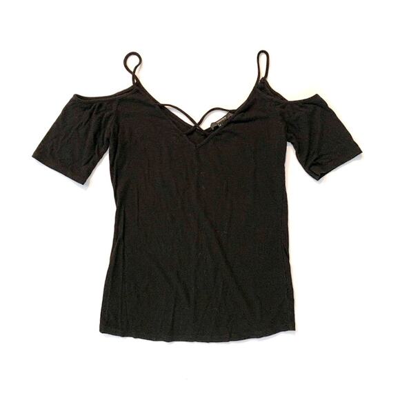 Black Cold Shoulder Criss Cross Strappy Ribbed Top - Picture 1 of 7